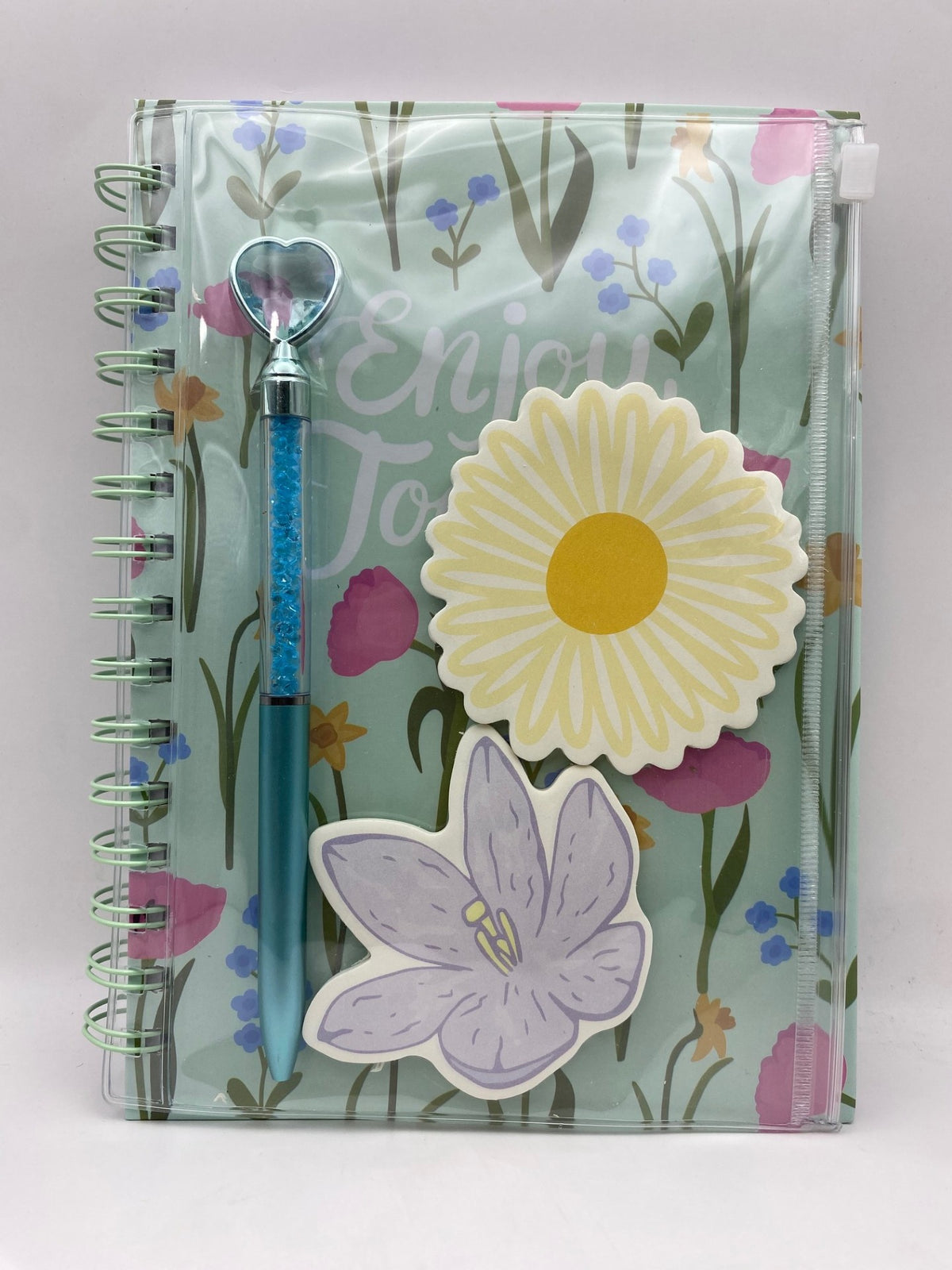 Fancy Floral Notebook Set (with a pouch containing 2 sticky note pads and a pen) - Green Floral