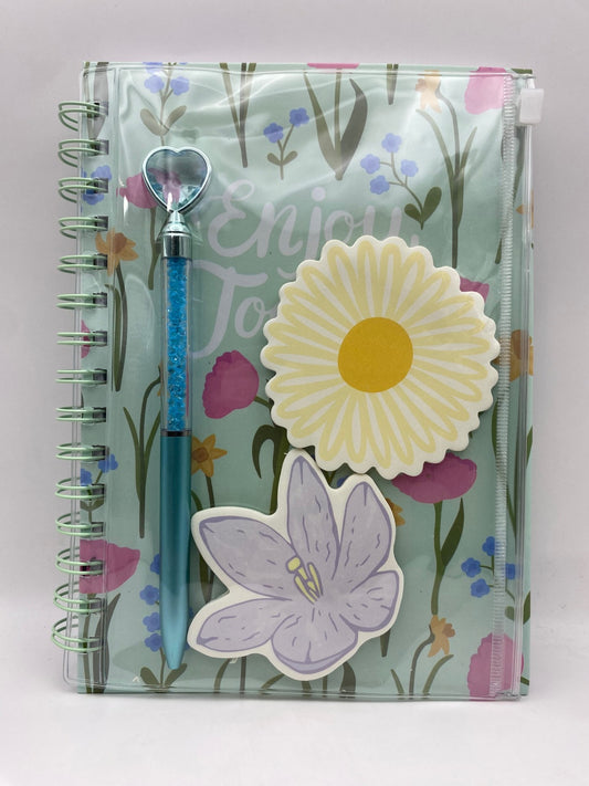 Fancy Floral Notebook Set (with a pouch containing 2 sticky note pads and a pen) - Green Floral