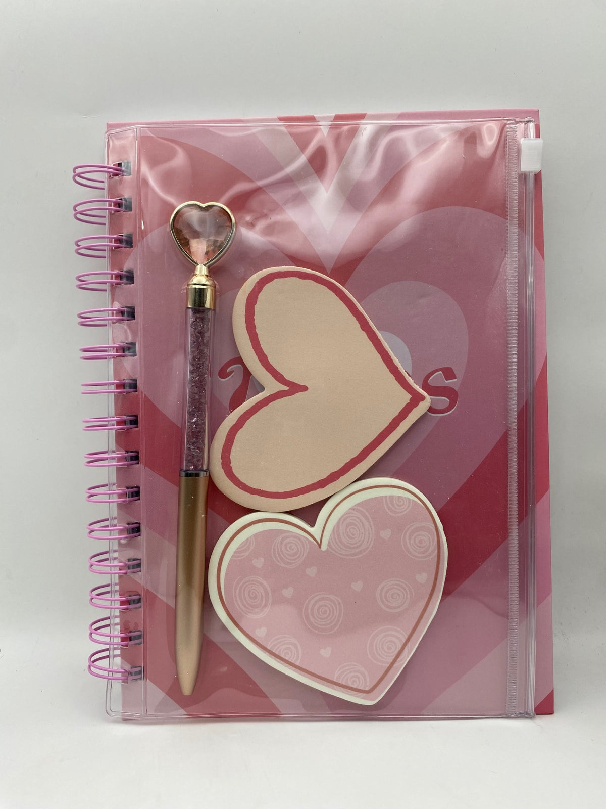 Fancy Floral Notebook Set (with a pouch containing 2 sticky note pads and a pen) - Pink Hearts