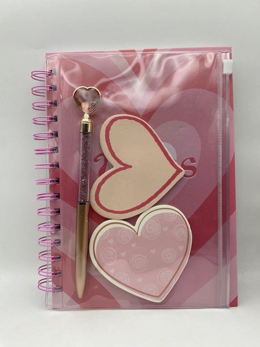 Fancy Floral Notebook Set (with a pouch containing 2 sticky note pads and a pen) - Pink Hearts