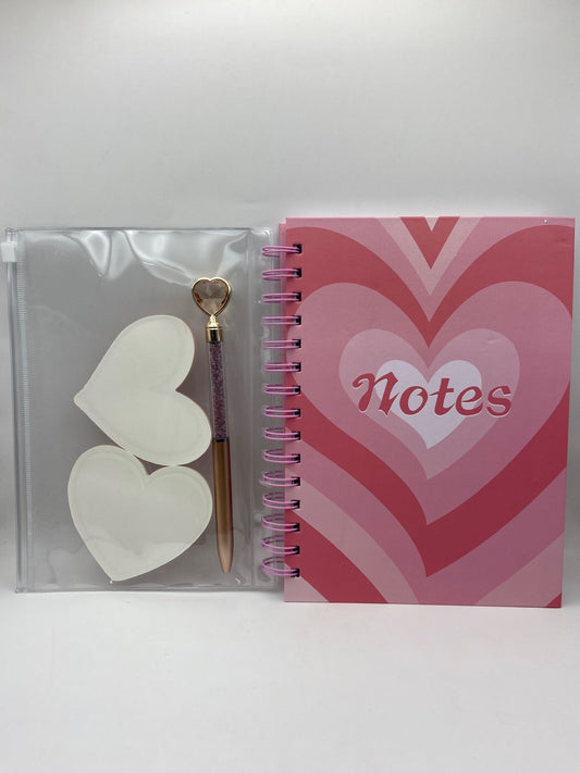 Fancy Floral Notebook Set (with a pouch containing 2 sticky note pads and a pen) - Pink Hearts