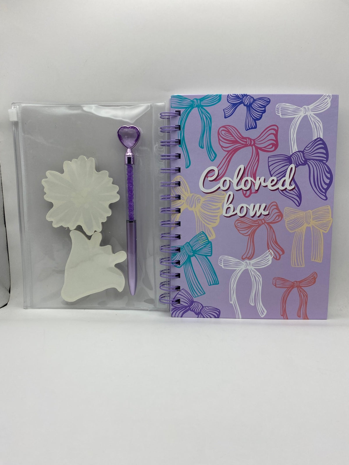 Fancy Floral Notebook Set (with a pouch containing 2 sticky note pads and a pen) - Purple Bows