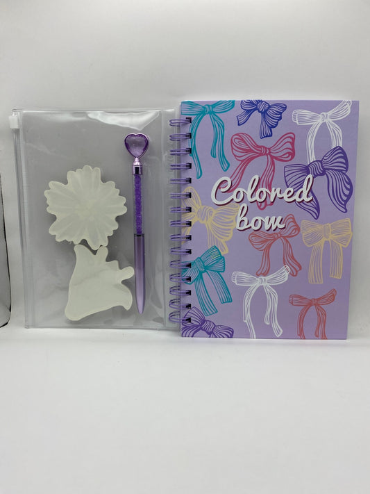 Fancy Floral Notebook Set (with a pouch containing 2 sticky note pads and a pen) - Purple Bows