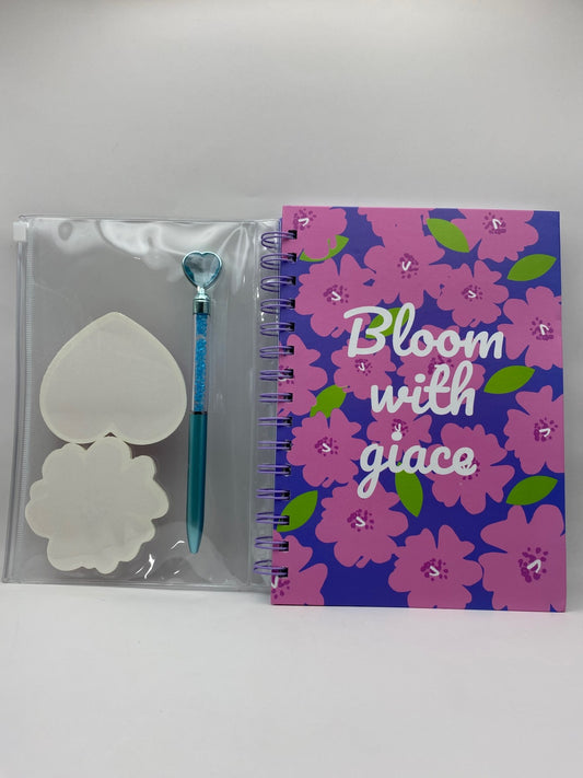 Fancy Floral Notebook Set (with a pouch containing 2 sticky note pads and a pen) - Purple Floral