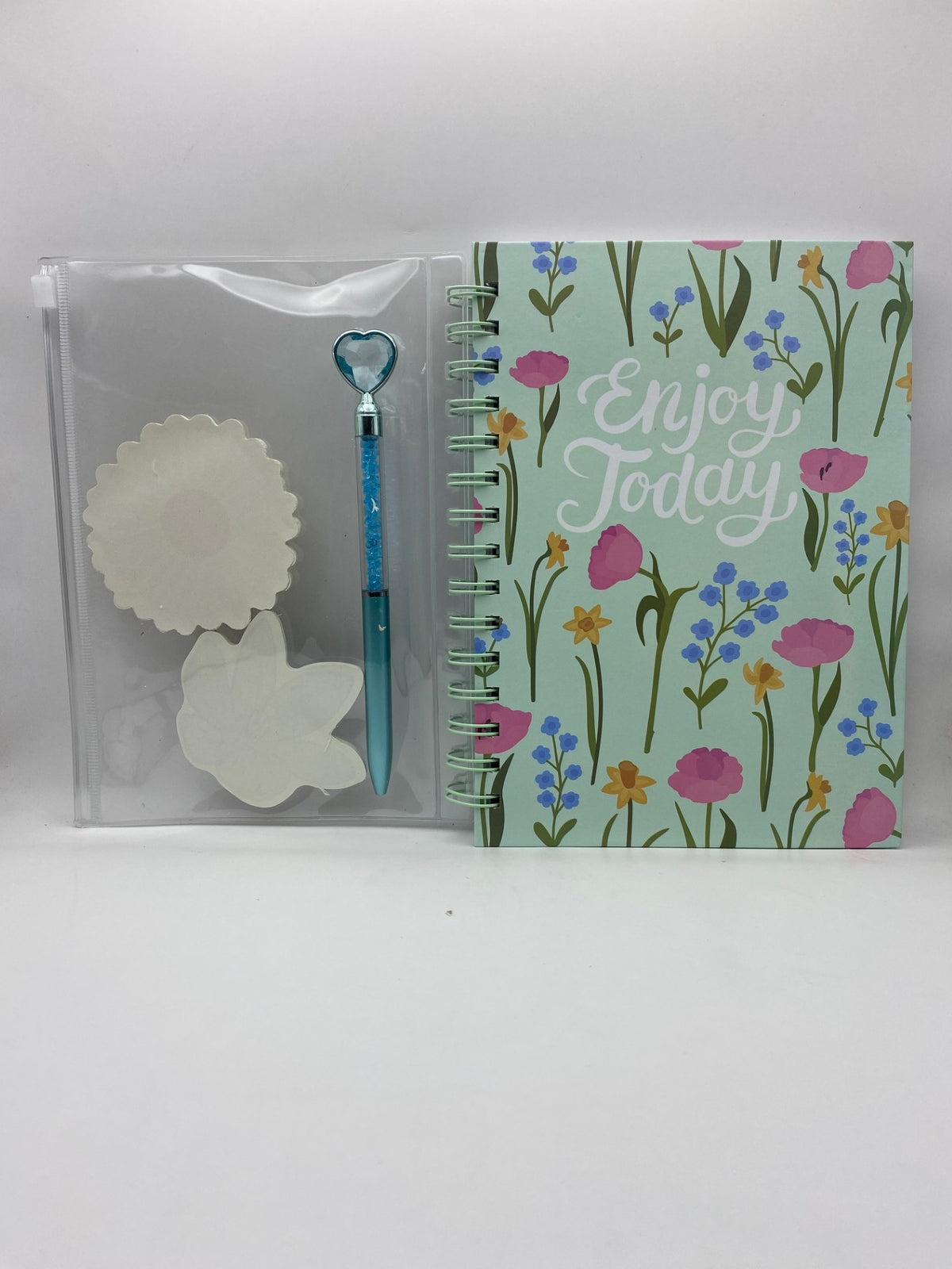 Fancy Floral Notebook Set (with a pouch containing 2 sticky note pads and a pen) - Tea Pink Floral