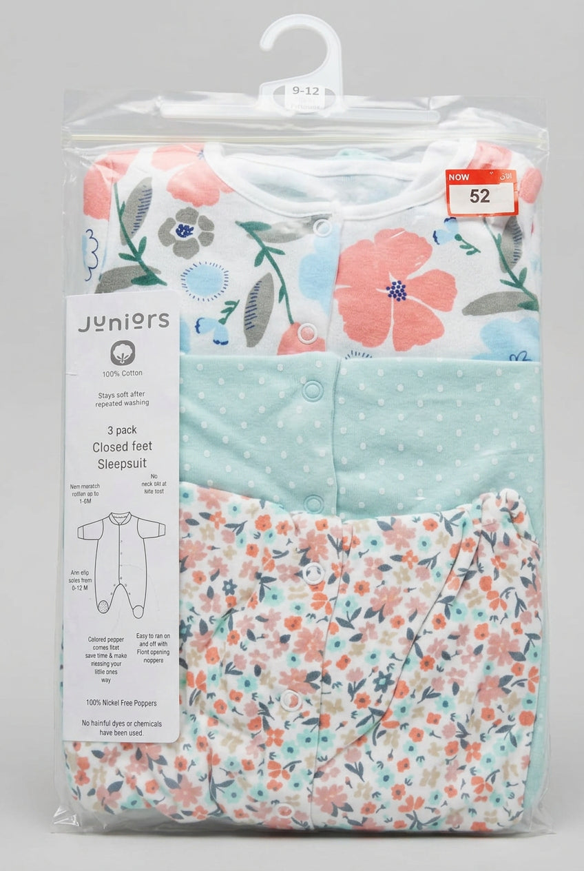 Juniors Set of 3 Sleepsuits 9-12 months (Floral - Peach, blue and white combo)