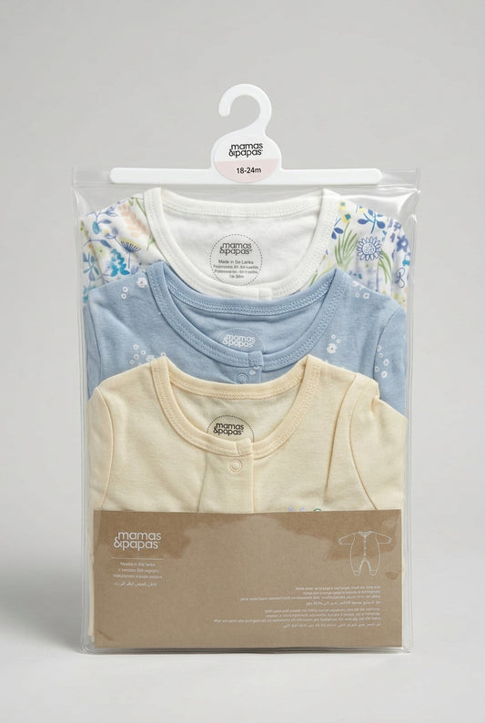 Mamas & Papas Set of 3 Sleepsuits 18-24 months (Floral Blue, yellow & white combo)