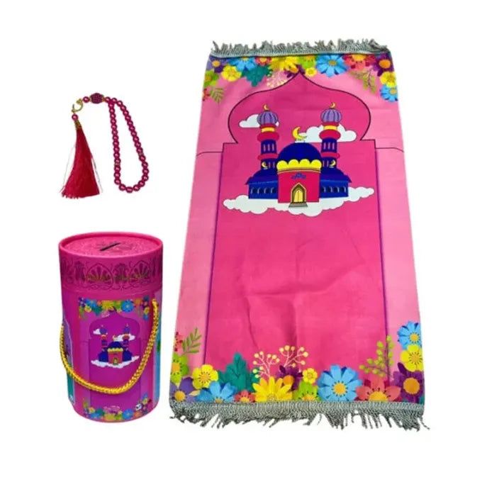 Kids Islamic Gift Set - Prayer Mat, Tasbeen and Money Box (Pink)
