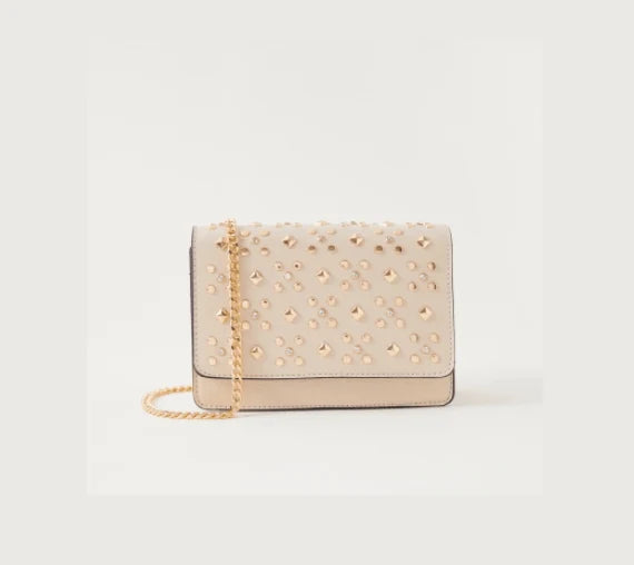 Sasha Stud Embellished Crossbody Bag with Flap Closure Beige