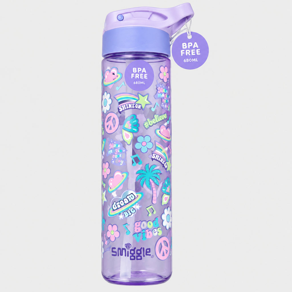 Smiggle Flip Plastic Sipper Water Bottle - BPA Free - 680ML/ 23FL OZ - Good Vibes