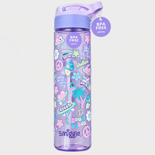 Smiggle Flip Plastic Sipper Water Bottle - BPA Free - 680ML/ 23FL OZ - Good Vibes