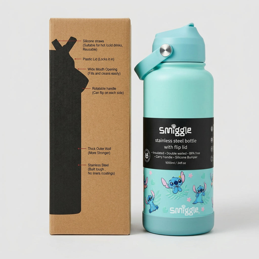 Smiggle Stainless Steel Water Bottle 1000ml - Stitch