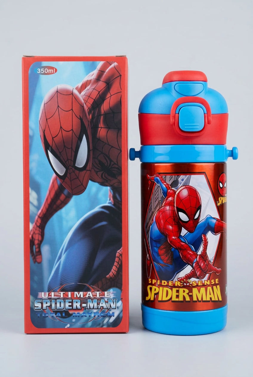 Stainless Metal Dual Sipper Water Bottle - 350 ml - Spiderman
