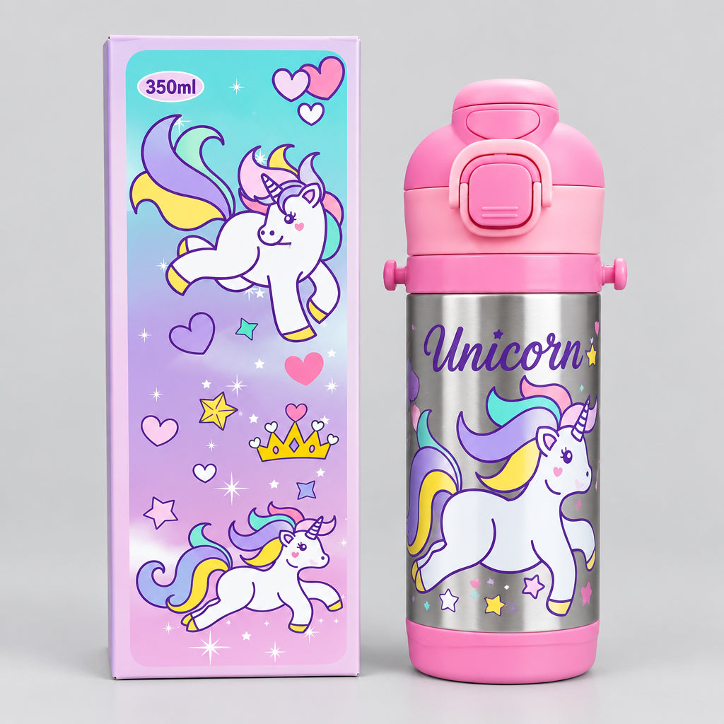Stainless Metal Dual Sipper Water Bottle - 350 ml - Unicorn