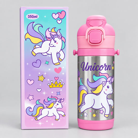 Stainless Metal Dual Sipper Water Bottle - 350 ml - Unicorn