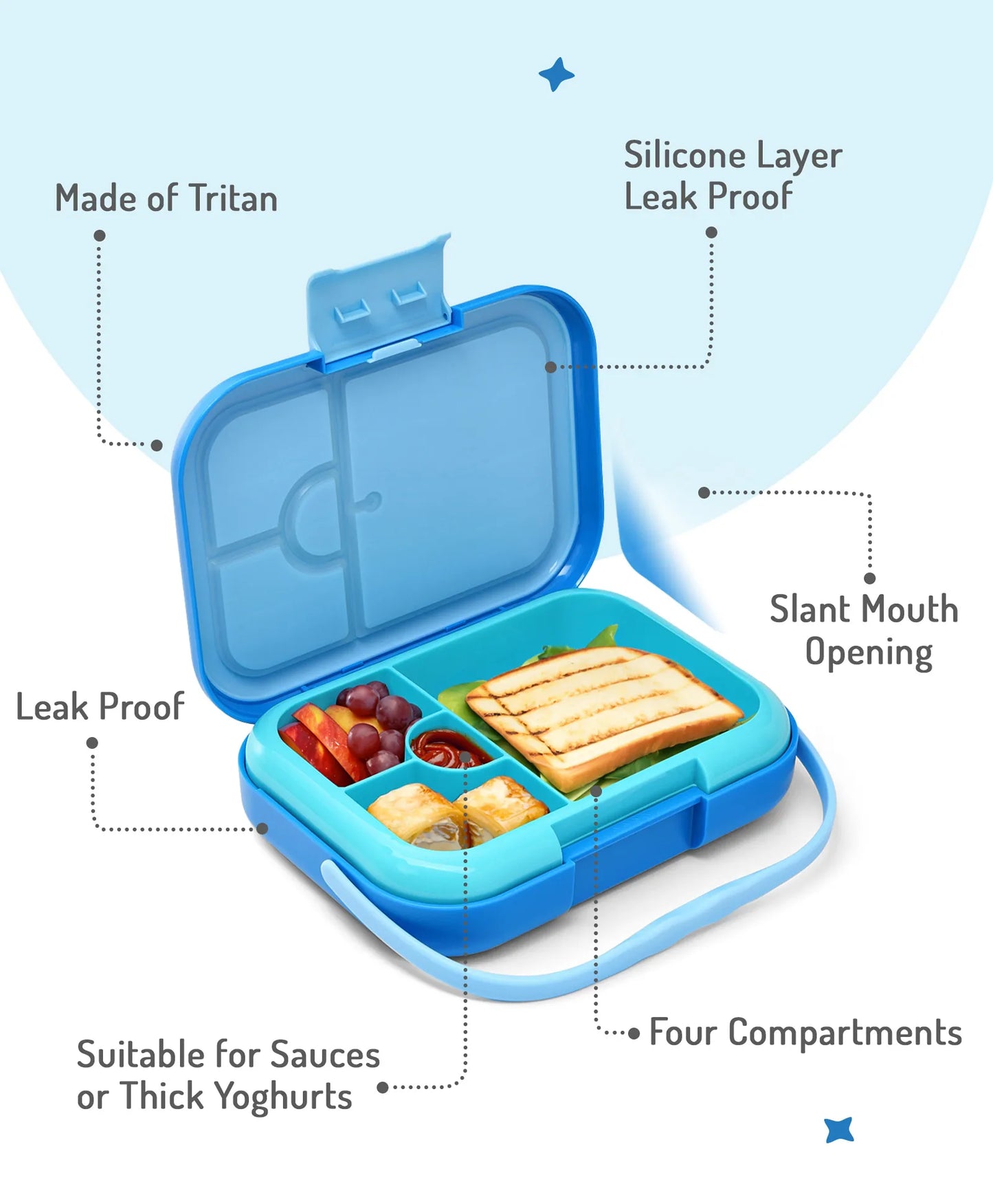 Bonfino Blue Bento Lunch Box - BPA-Free, Leak-Resistant, Microwave & Dishwasher Safe, 765ml