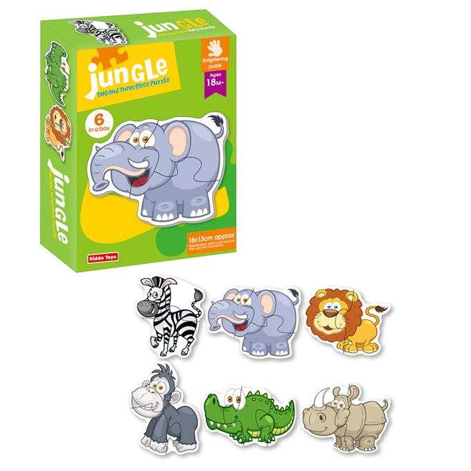 JUNGLE  Two & Three Pieces Puzzle - 6 Animals in a Box